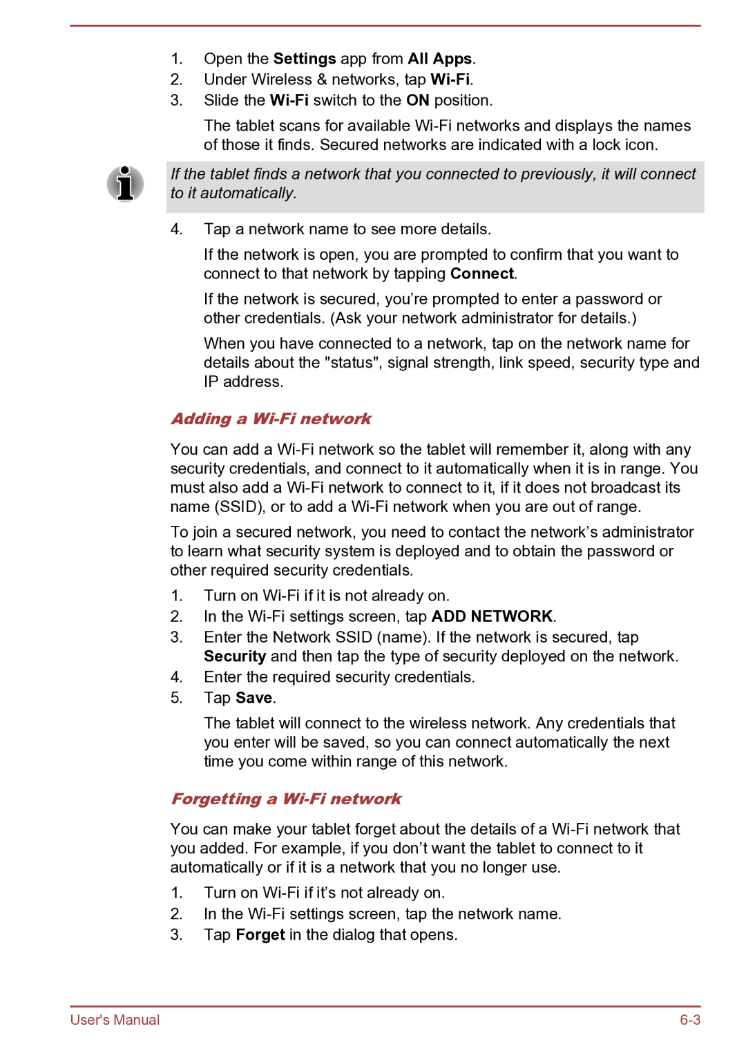 Toshiba AT270 user manual Adding a Wi-Fi network, Forgetting a Wi-Fi network 