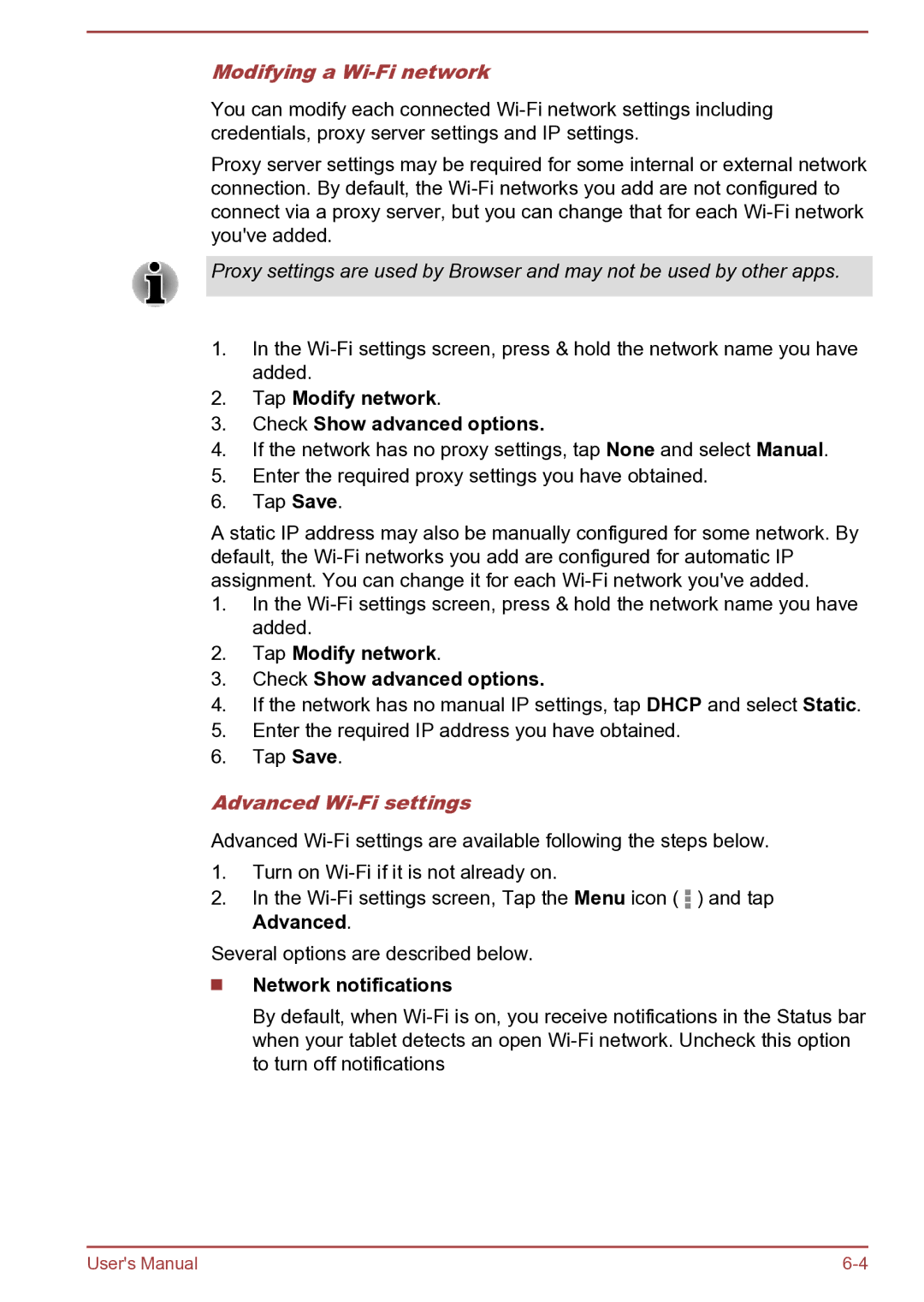 Toshiba AT270 Modifying a Wi-Fi network, Tap Modify network Check Show advanced options, Advanced Wi-Fi settings 