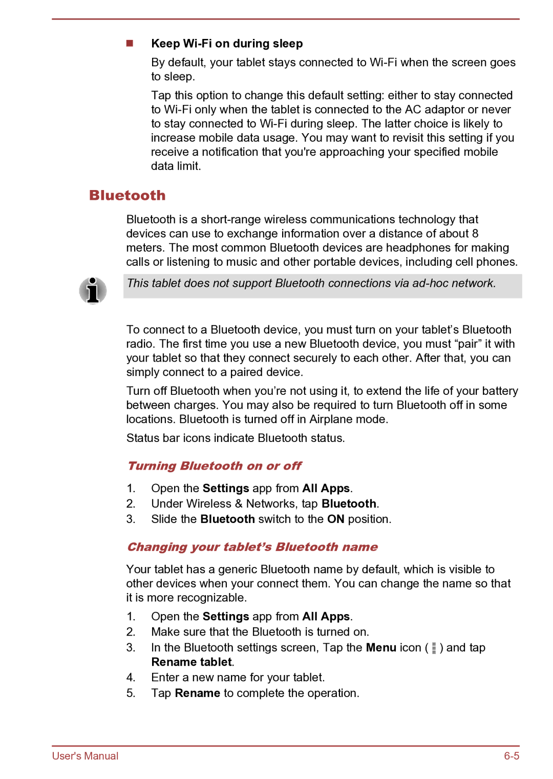 Toshiba AT270 Keep Wi-Fi on during sleep, Turning Bluetooth on or off, Changing your tablet’s Bluetooth name 