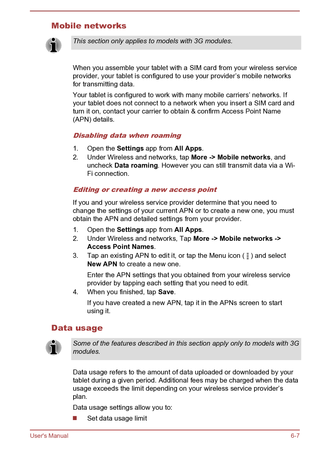 Toshiba AT270 user manual Mobile networks, Data usage, Disabling data when roaming, Editing or creating a new access point 