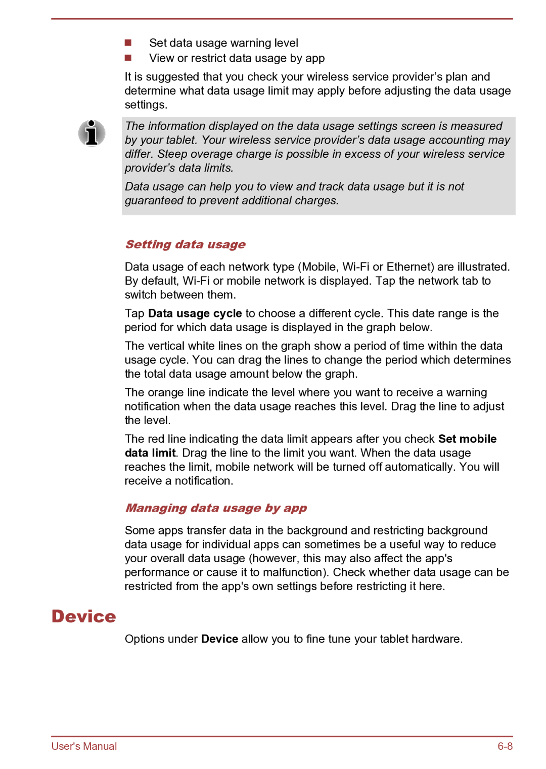 Toshiba AT270 user manual Device, Setting data usage, Managing data usage by app 