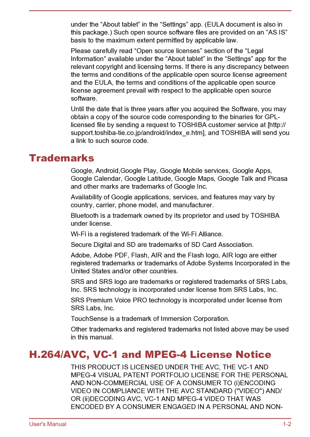 Toshiba AT270 user manual Trademarks, 264/AVC, VC-1 and MPEG-4 License Notice 