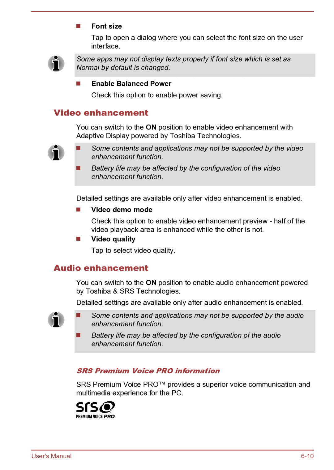 Toshiba AT270 user manual Video enhancement, Audio enhancement, SRS Premium Voice PRO information 