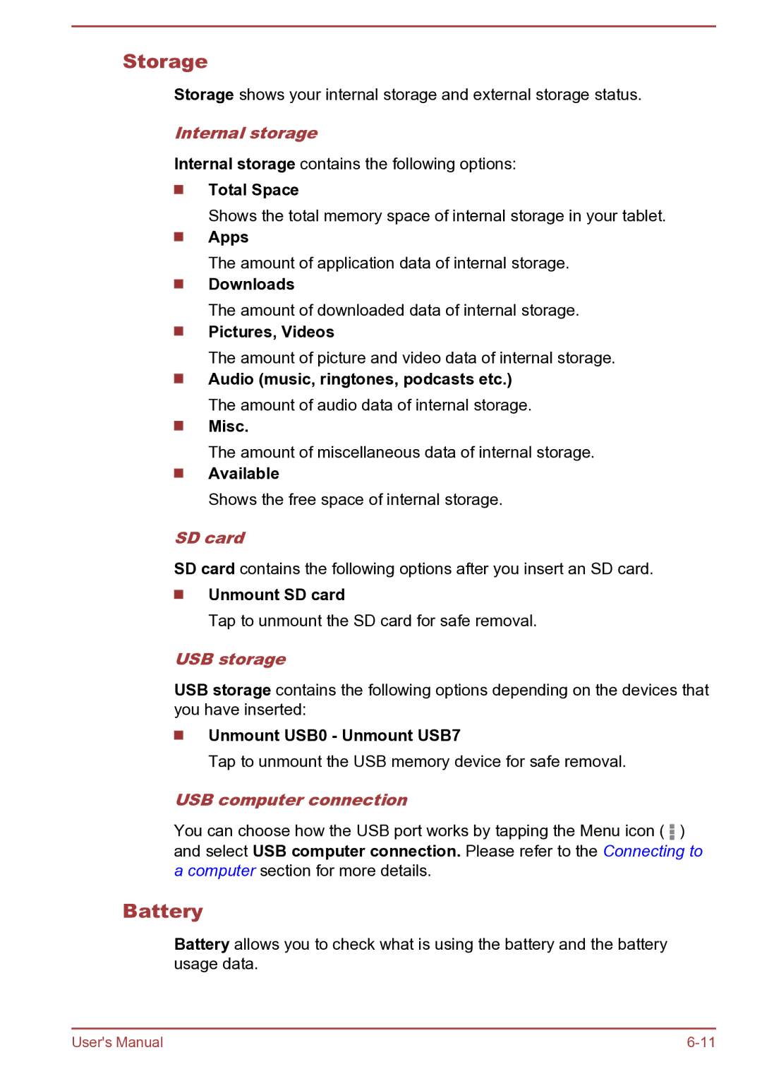 Toshiba AT270 user manual Storage, Battery 