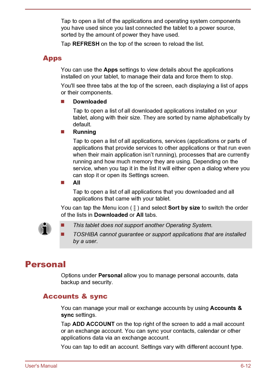 Toshiba AT270 user manual Personal, Apps, Accounts & sync 