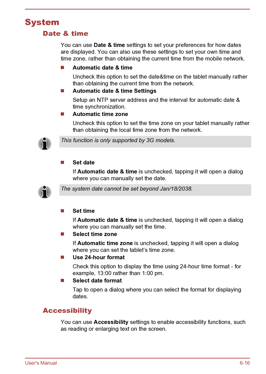 Toshiba AT270 user manual System, Date & time, Accessibility 