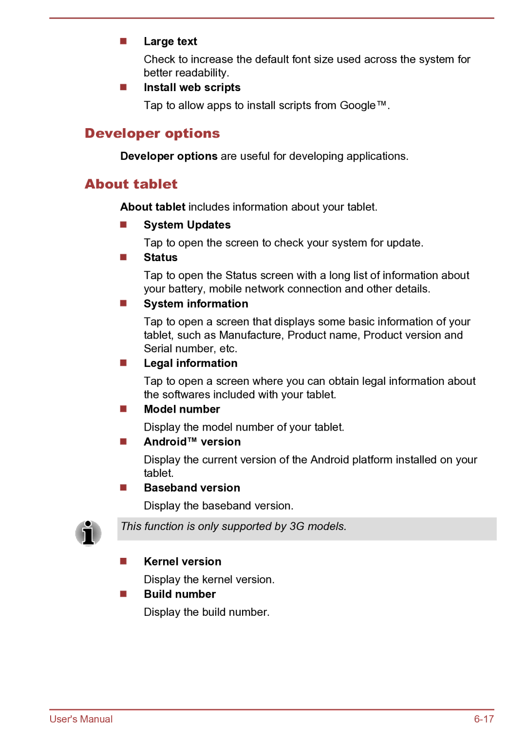 Toshiba AT270 user manual Developer options, About tablet 