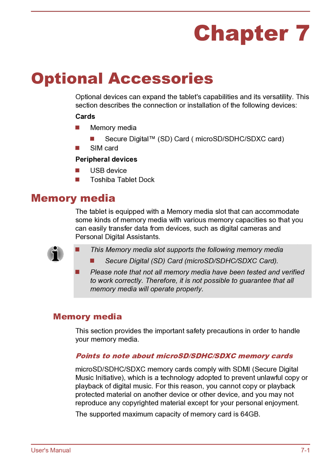 Toshiba AT270 user manual Optional Accessories, Memory media, Points to note about microSD/SDHC/SDXC memory cards 