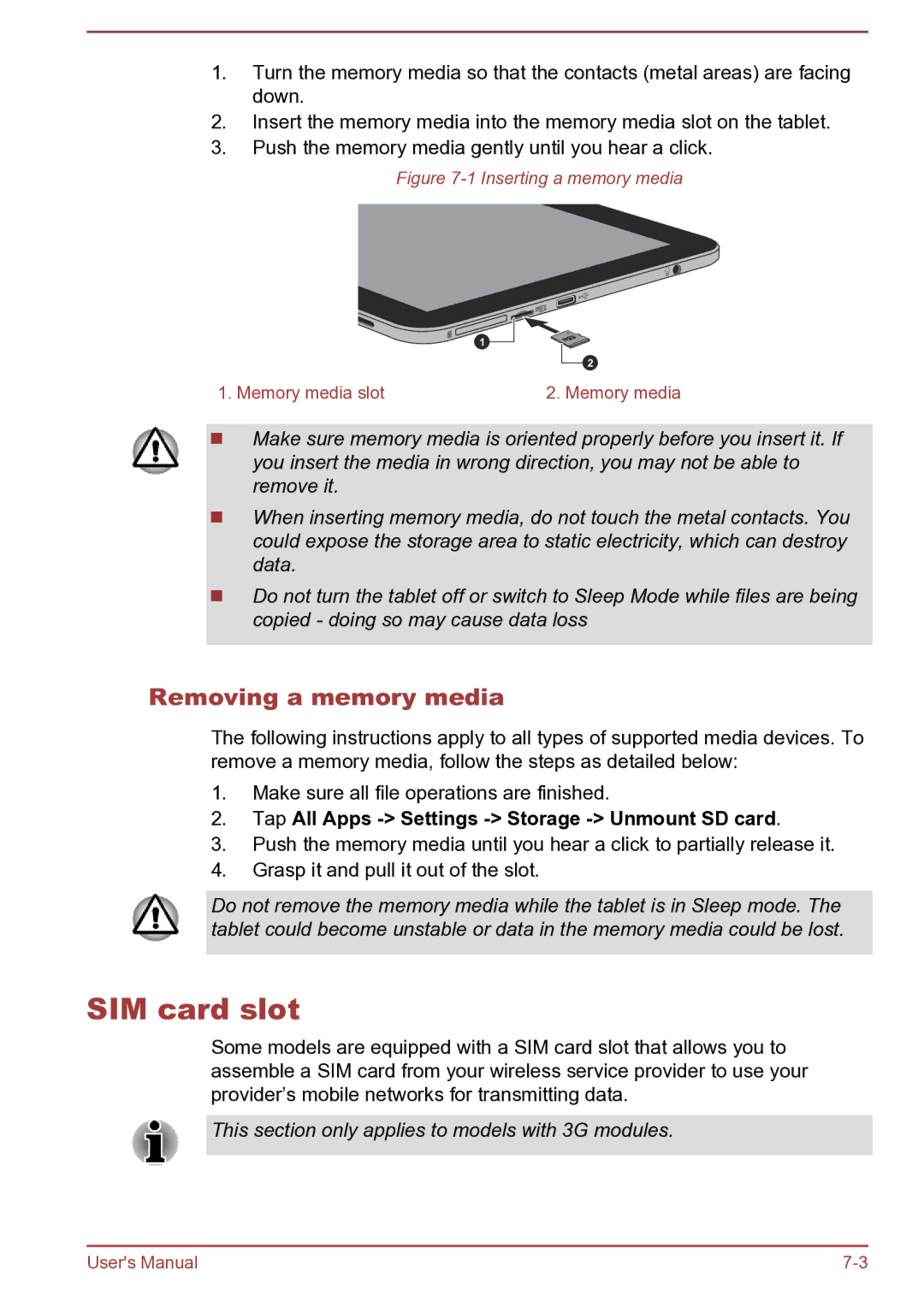 Toshiba AT270 user manual SIM card slot, Removing a memory media, Tap All Apps Settings Storage Unmount SD card 