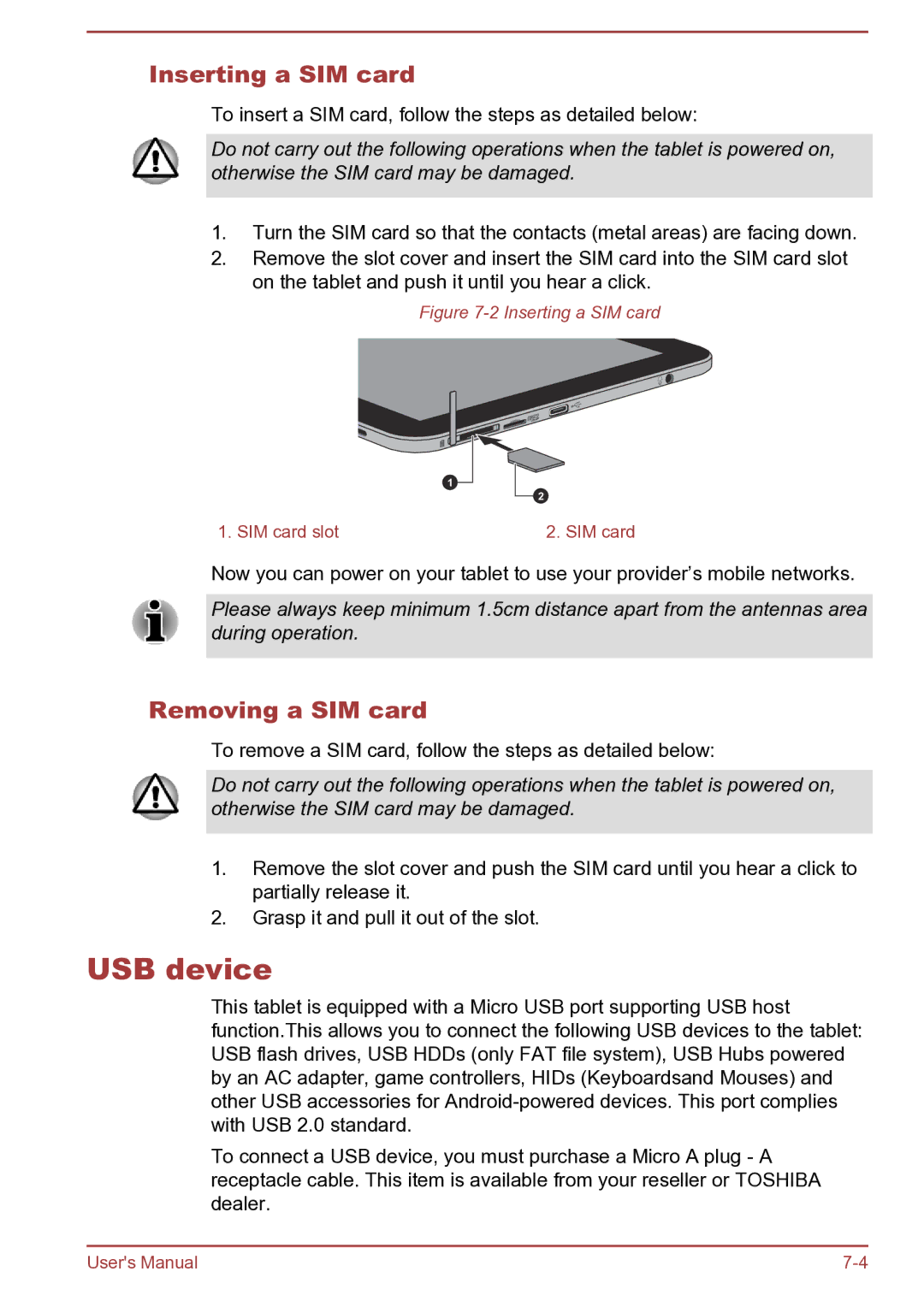 Toshiba AT270 user manual USB device, Inserting a SIM card, Removing a SIM card 