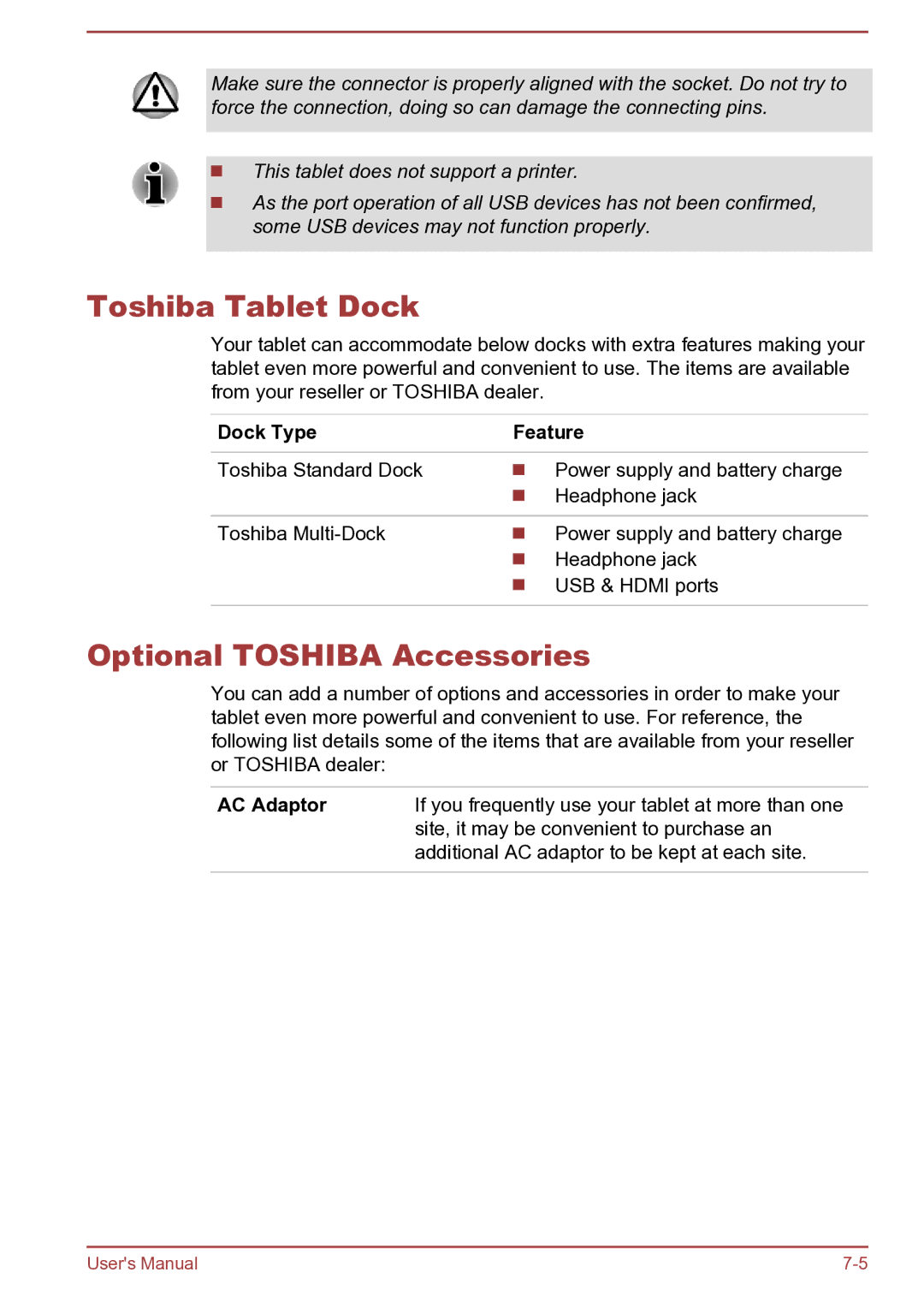 Toshiba AT270 user manual Toshiba Tablet Dock, Optional Toshiba Accessories, Dock Type Feature 