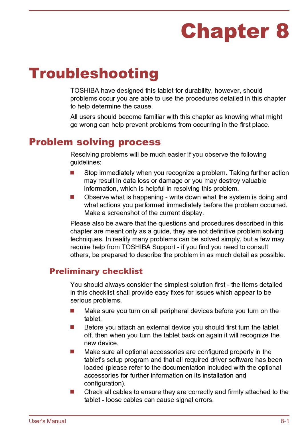 Toshiba AT270 user manual Troubleshooting, Problem solving process, Preliminary checklist 