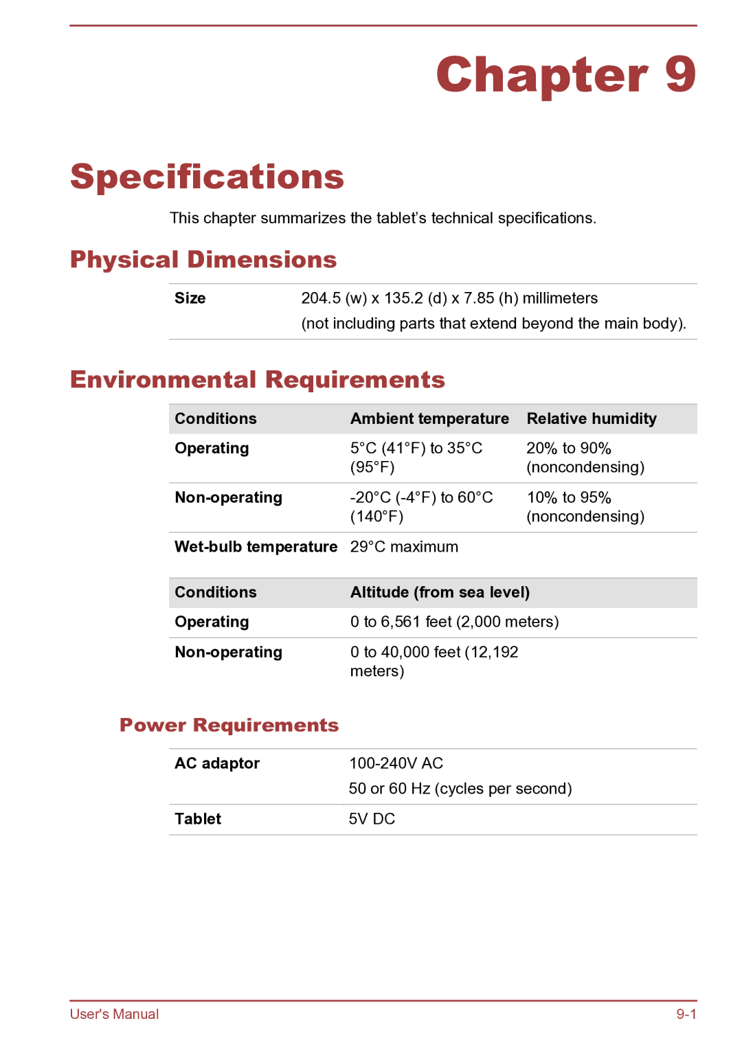 Toshiba AT270 user manual Specifications, Physical Dimensions, Environmental Requirements, Power Requirements 