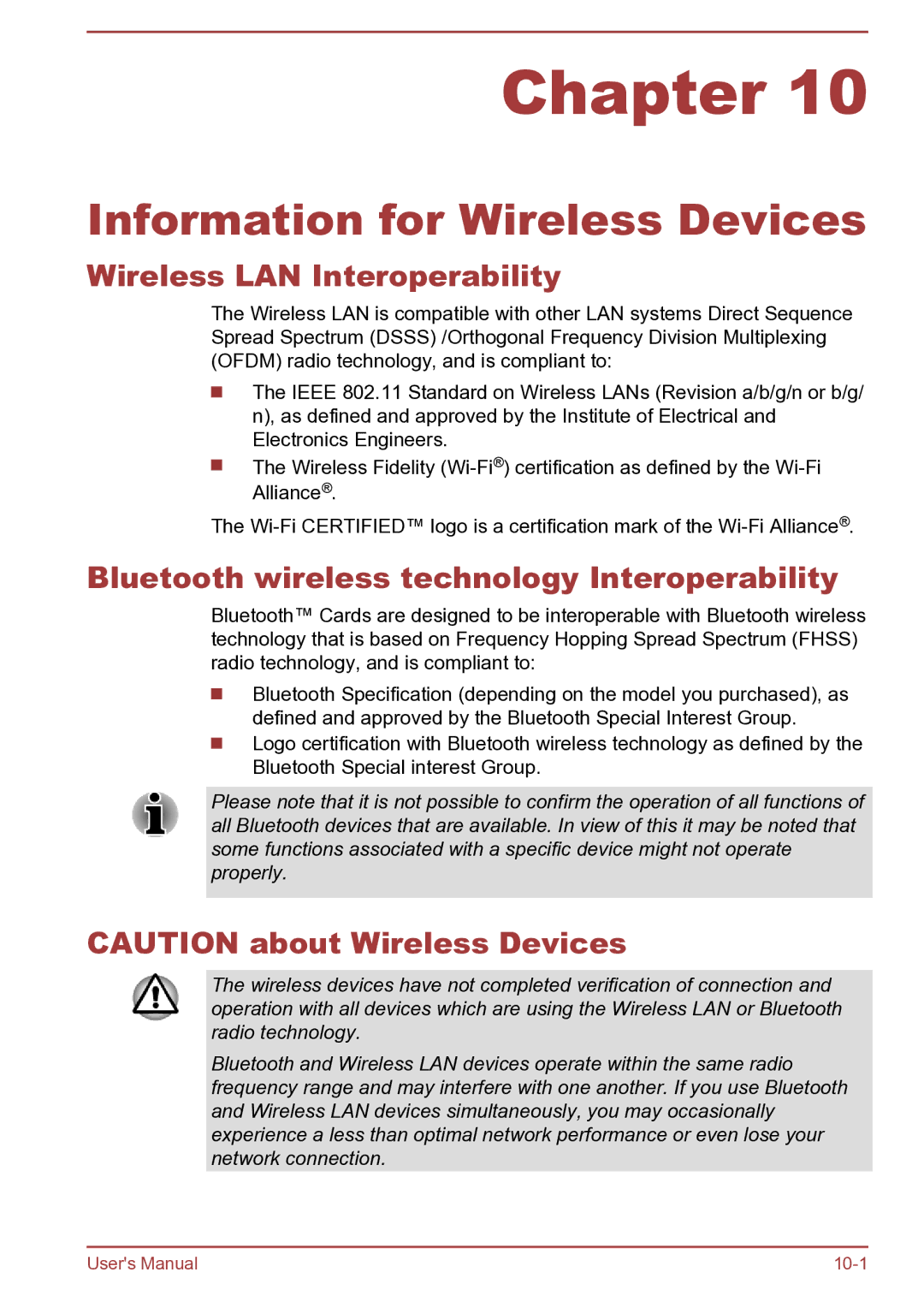 Toshiba AT270 user manual Information for Wireless Devices, Wireless LAN Interoperability 