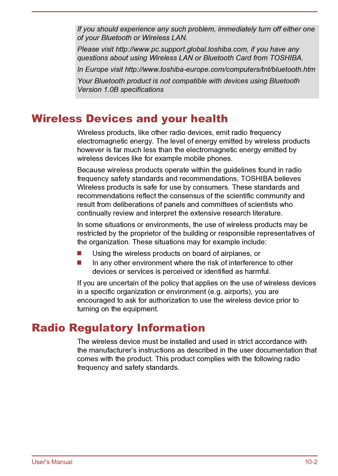 Toshiba AT270 user manual Wireless Devices and your health, Radio Regulatory Information 