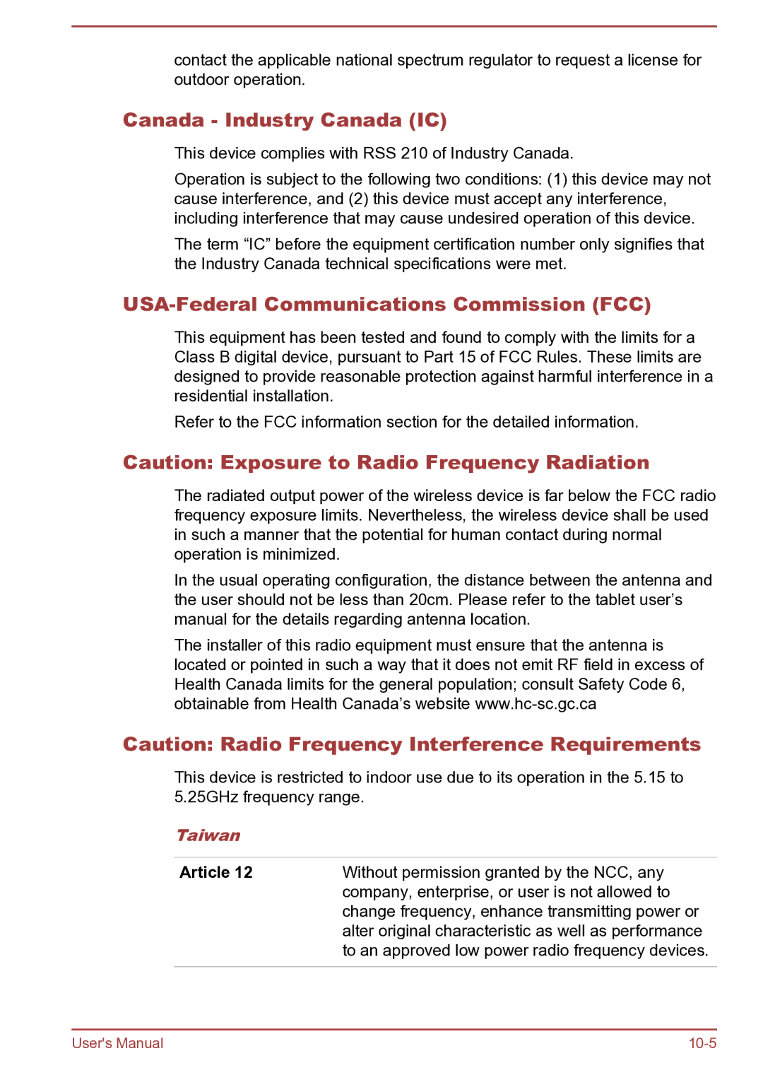 Toshiba AT270 user manual Canada Industry Canada IC, USA-Federal Communications Commission FCC, Taiwan, Article 