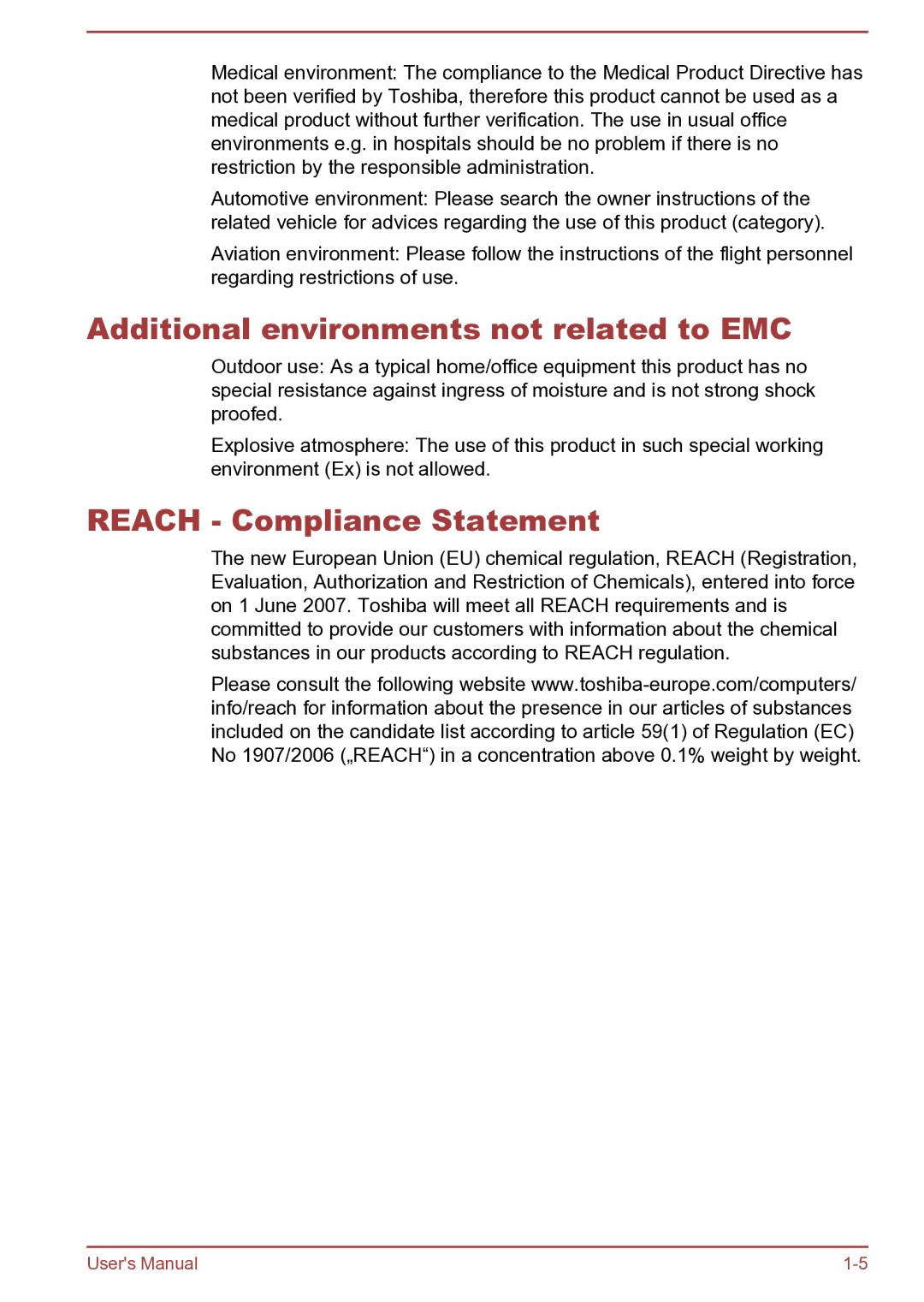 Toshiba AT270 user manual Additional environments not related to EMC, Reach Compliance Statement 