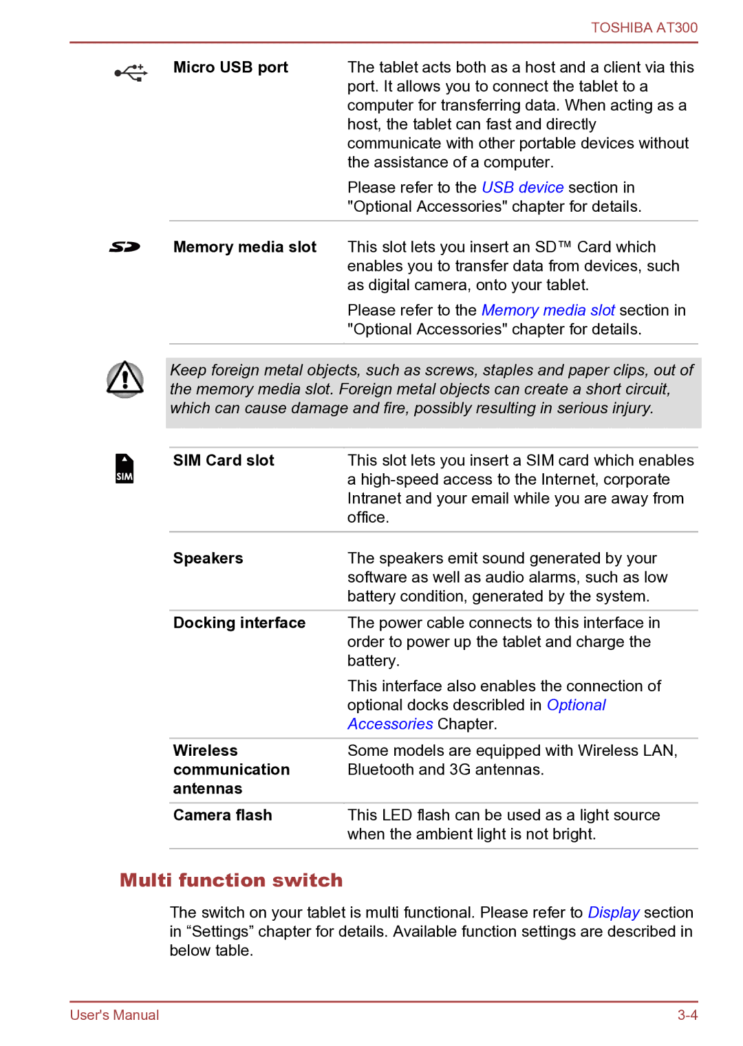 Toshiba AT300 user manual Multi function switch 