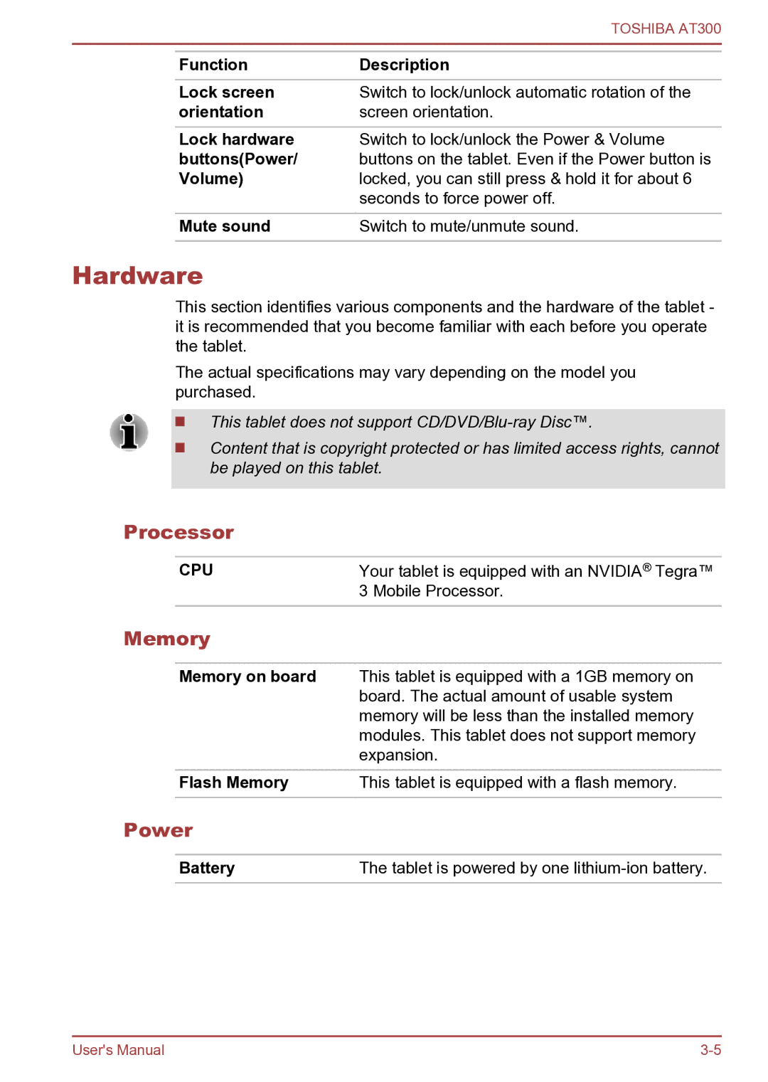 Toshiba AT300 user manual Hardware, Processor, Memory, Power 