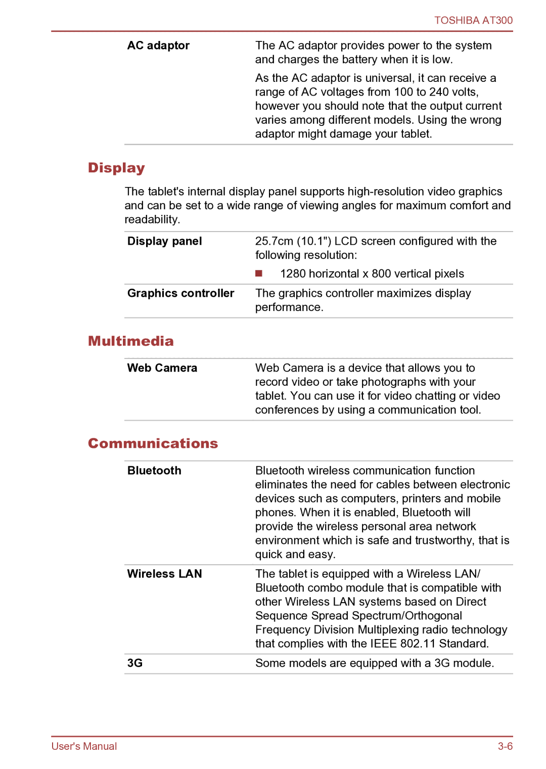 Toshiba AT300 user manual Display, Multimedia, Communications 