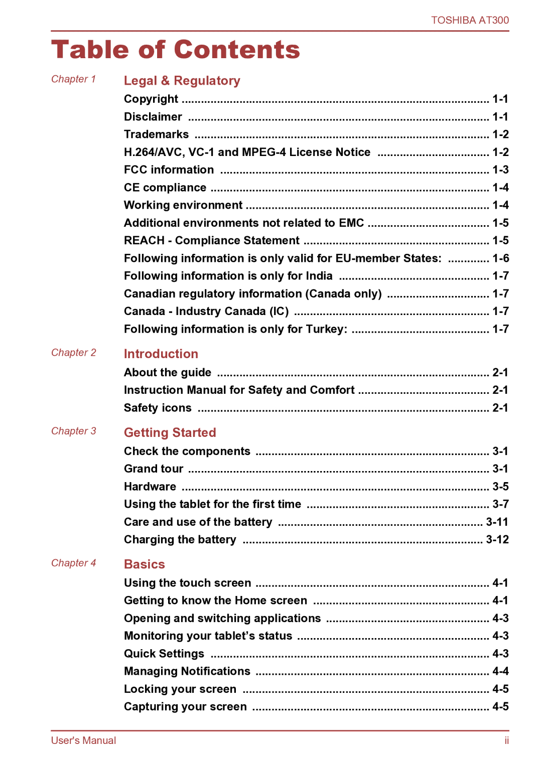 Toshiba AT300 user manual Table of Contents 