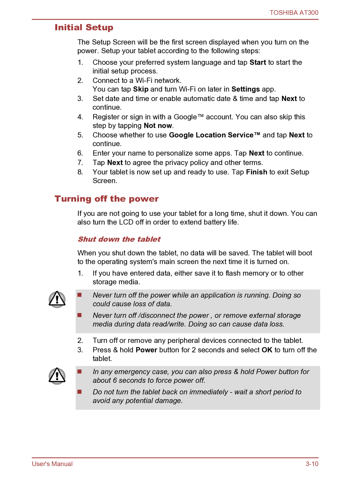 Toshiba AT300 user manual Initial Setup, Turning off the power, Shut down the tablet 