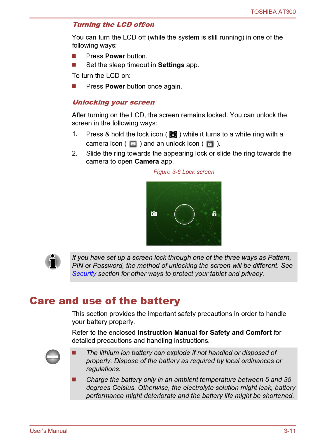 Toshiba AT300 user manual Care and use of the battery, Turning the LCD off/on, Unlocking your screen 