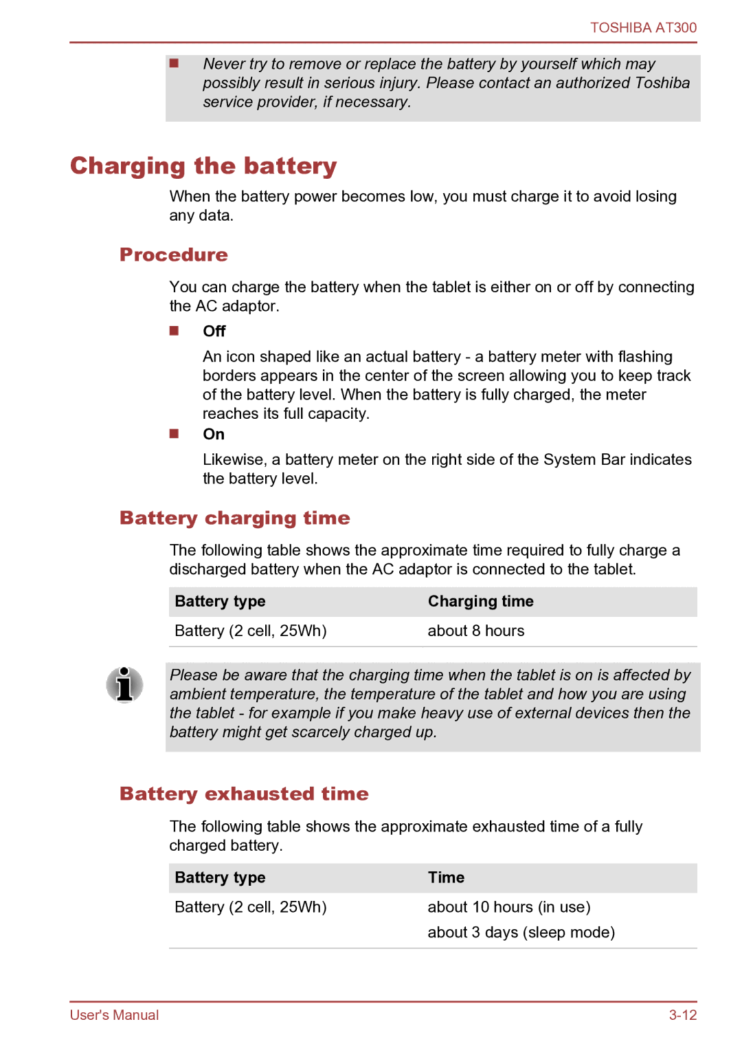 Toshiba AT300 user manual Charging the battery, Procedure, Battery charging time, Battery exhausted time 