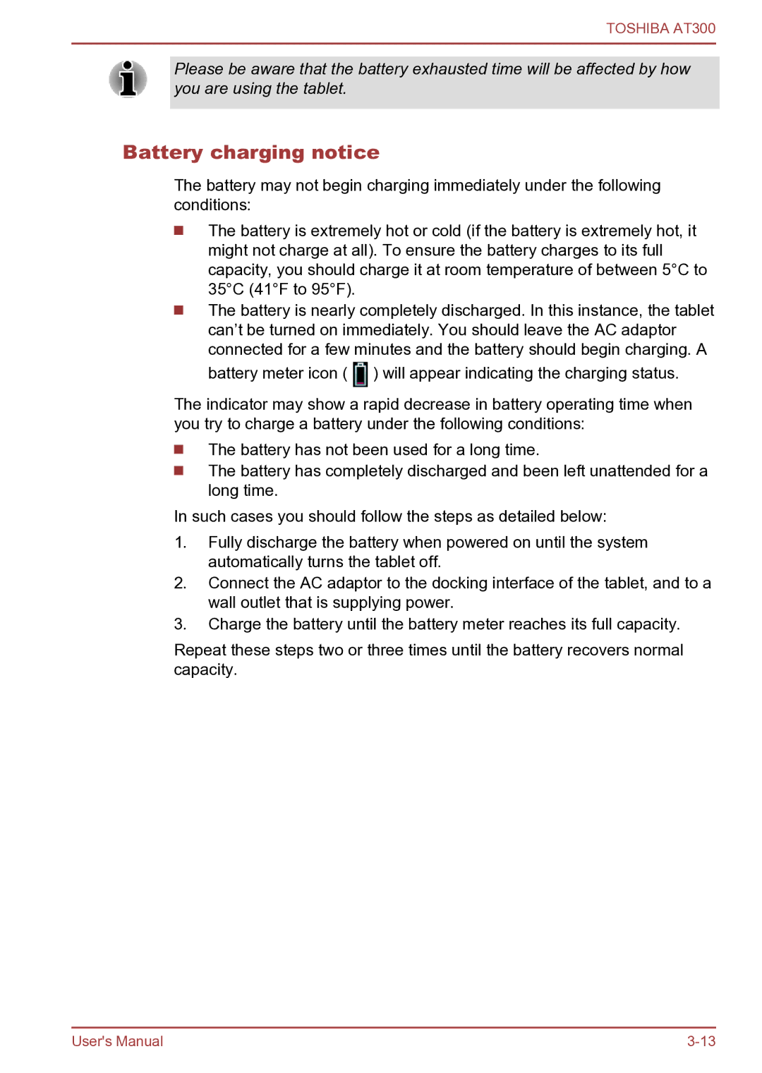 Toshiba AT300 user manual Battery charging notice 