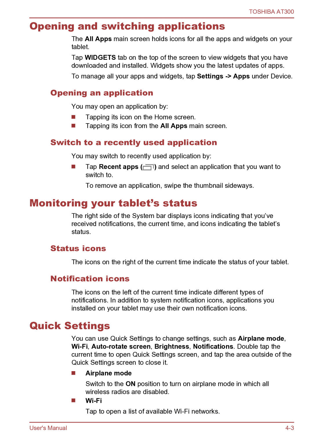 Toshiba AT300 user manual Opening and switching applications, Monitoring your tablet’s status, Quick Settings 