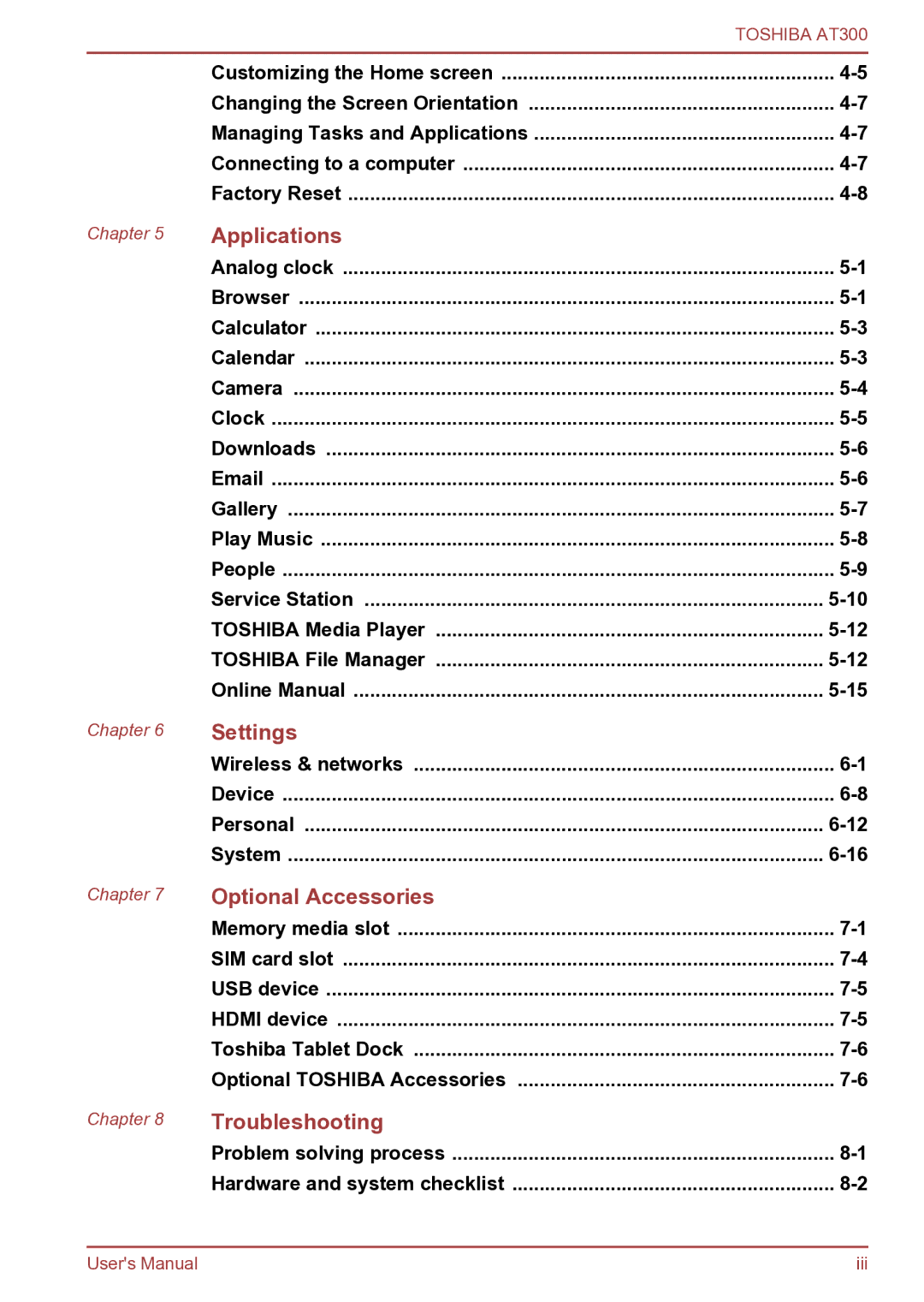 Toshiba AT300 user manual Settings 