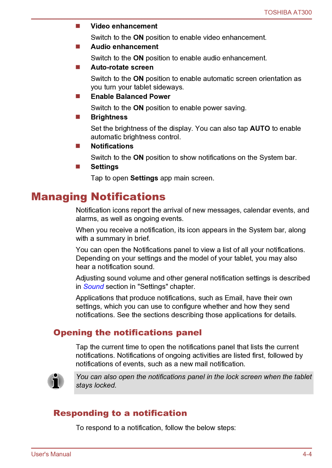 Toshiba AT300 user manual Managing Notifications, Opening the notifications panel, Responding to a notification 