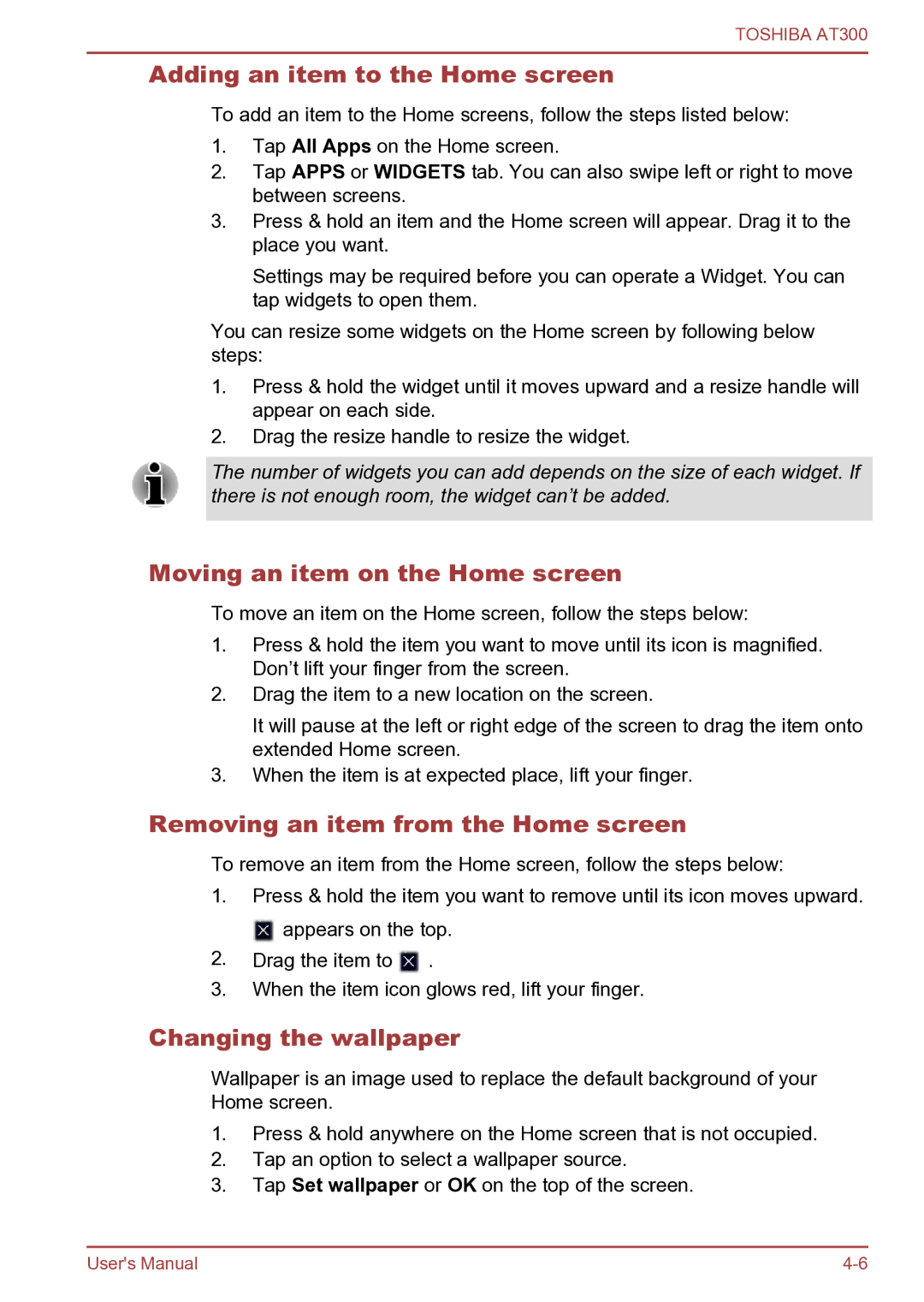 Toshiba AT300 Adding an item to the Home screen, Moving an item on the Home screen, Removing an item from the Home screen 