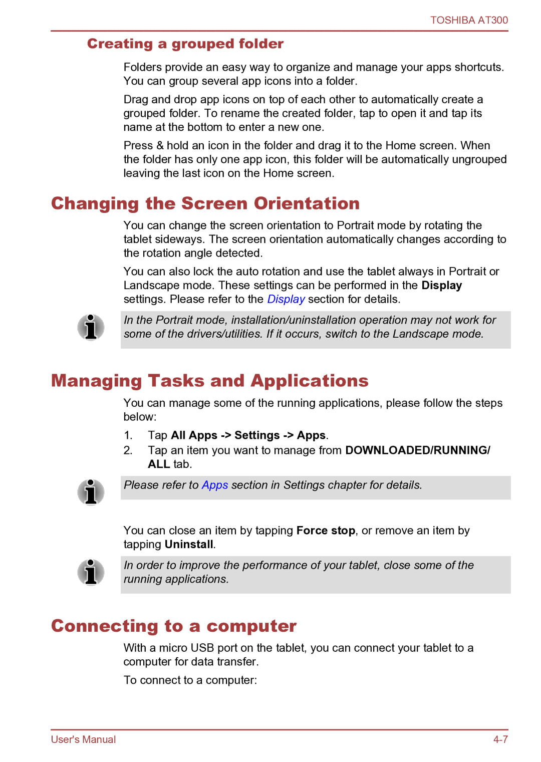 Toshiba AT300 user manual Changing the Screen Orientation, Managing Tasks and Applications, Connecting to a computer 