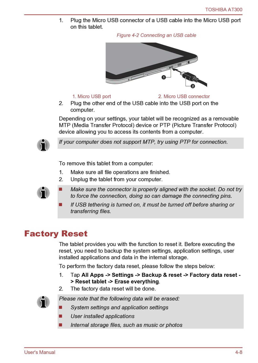 Toshiba AT300 user manual Factory Reset, Connecting an USB cable 