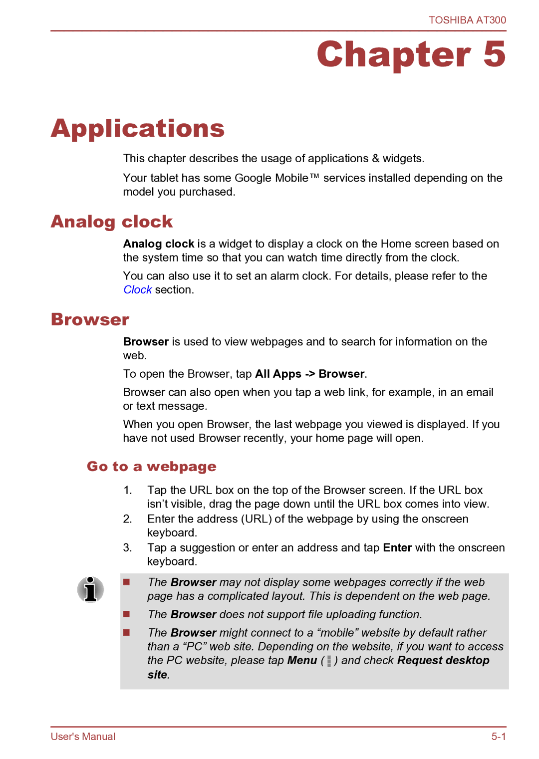 Toshiba AT300 user manual Applications, Analog clock, Browser, Go to a webpage 