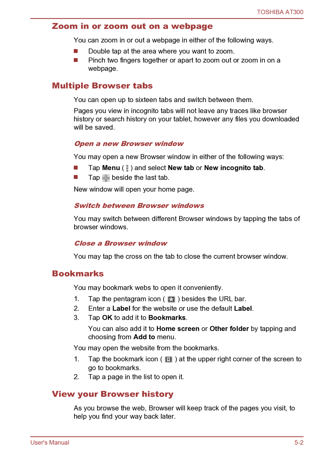 Toshiba AT300 user manual Zoom in or zoom out on a webpage, Multiple Browser tabs, Bookmarks, View your Browser history 