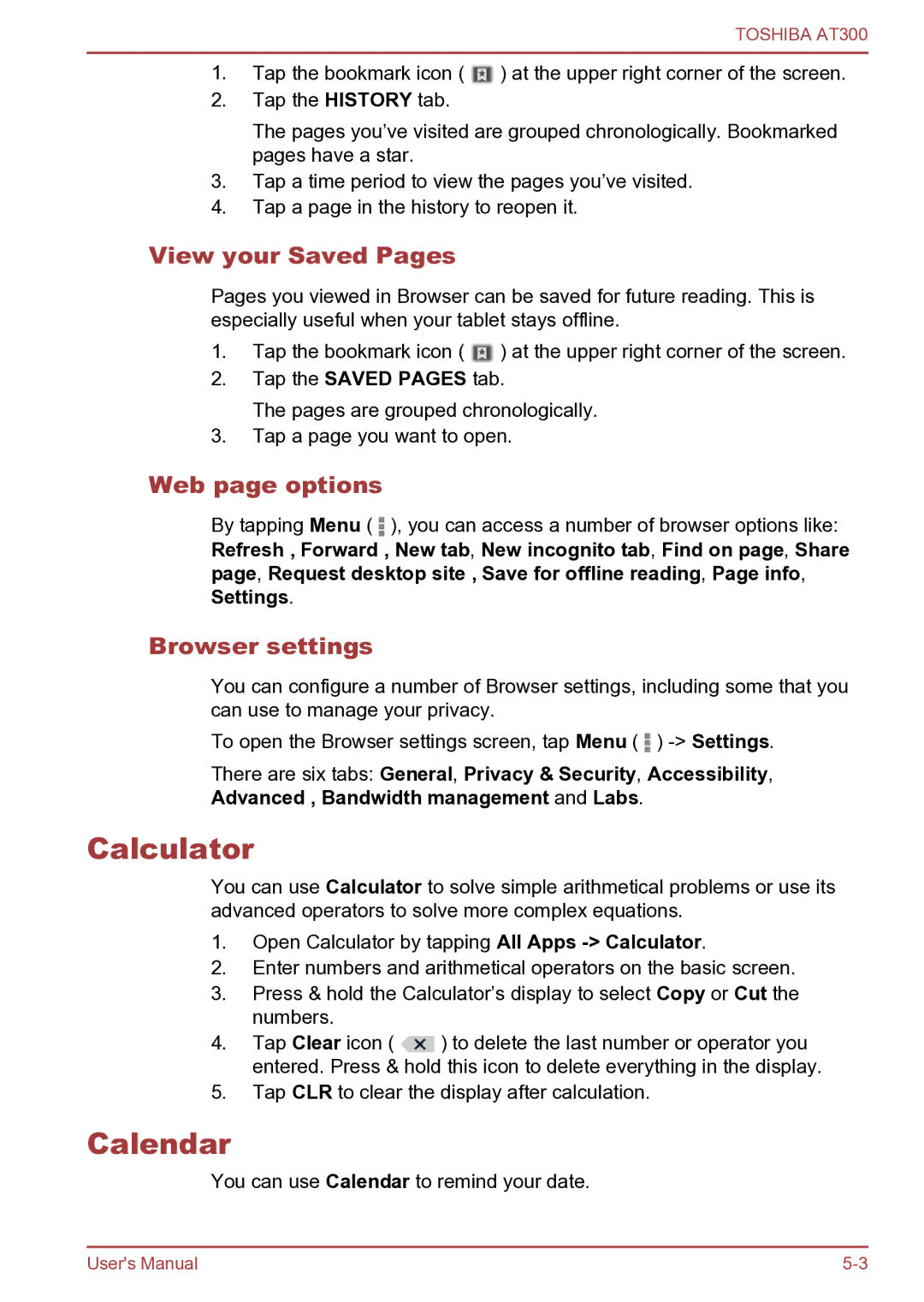 Toshiba AT300 user manual Calculator, Calendar, View your Saved Pages, Web page options, Browser settings 