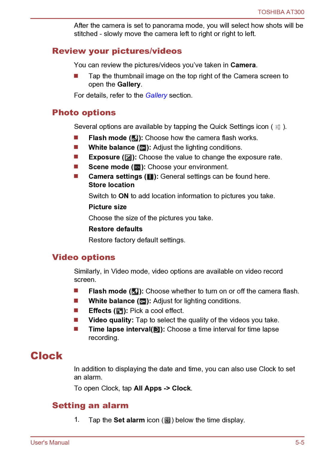 Toshiba AT300 user manual Clock, Review your pictures/videos, Photo options, Video options, Setting an alarm 