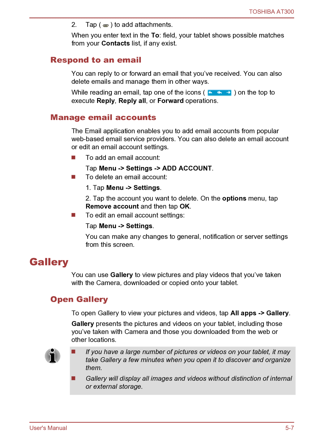 Toshiba AT300 user manual Respond to an email, Manage email accounts, Open Gallery 