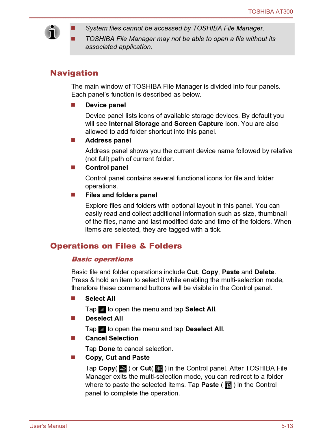 Toshiba AT300 user manual Navigation, Operations on Files & Folders, Basic operations 