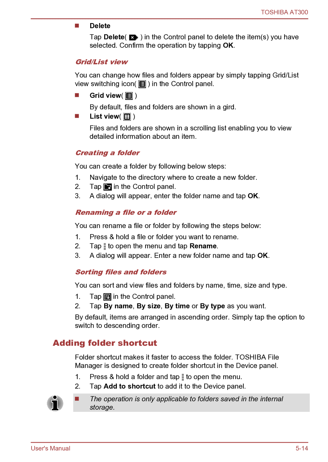 Toshiba AT300 user manual Adding folder shortcut, Grid/List view, Creating a folder, Renaming a file or a folder 