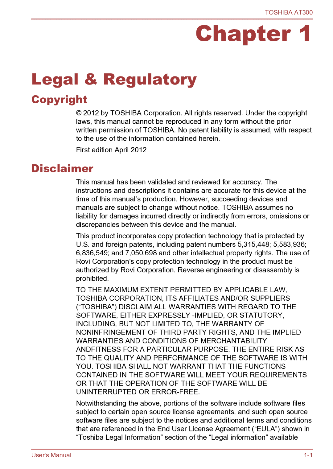 Toshiba AT300 user manual Legal & Regulatory, Copyright, Disclaimer 