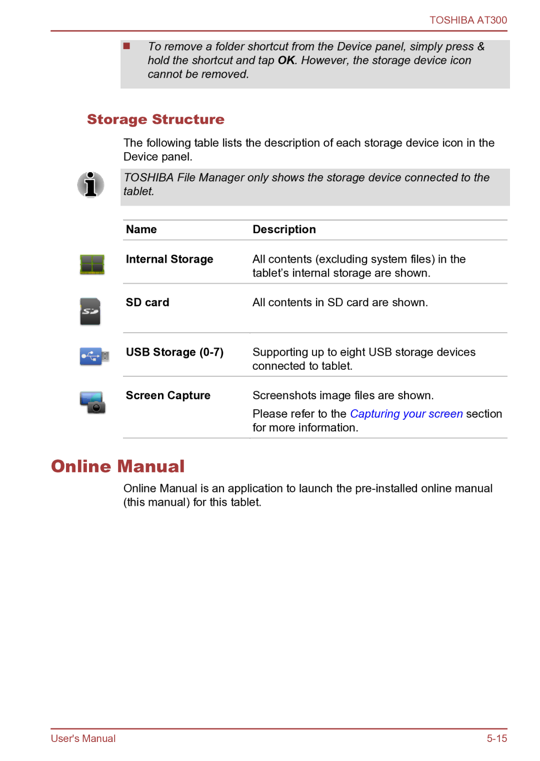 Toshiba AT300 user manual Online Manual, Storage Structure, NameDescription, SD card 