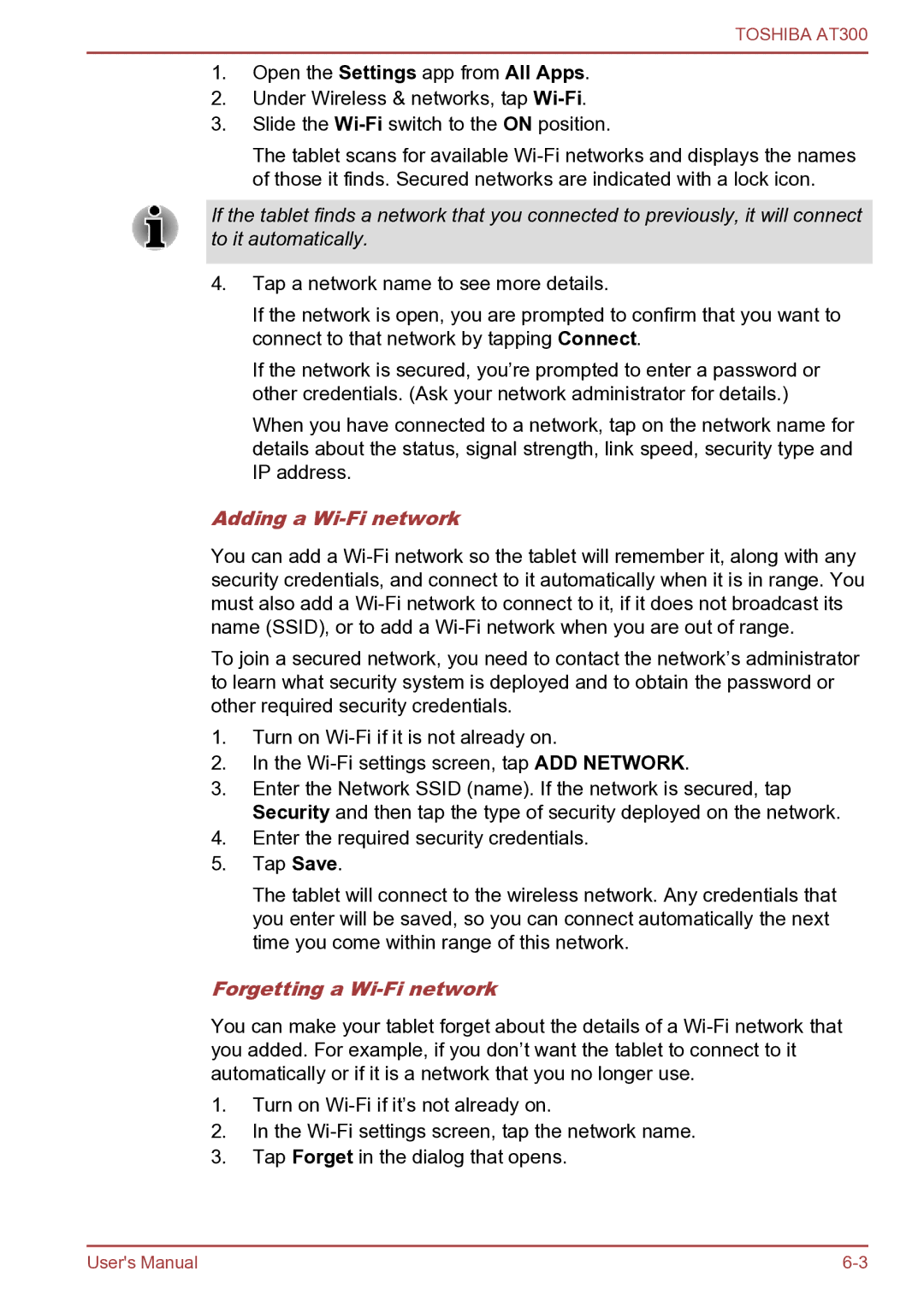 Toshiba AT300 user manual Adding a Wi-Fi network, Forgetting a Wi-Fi network 