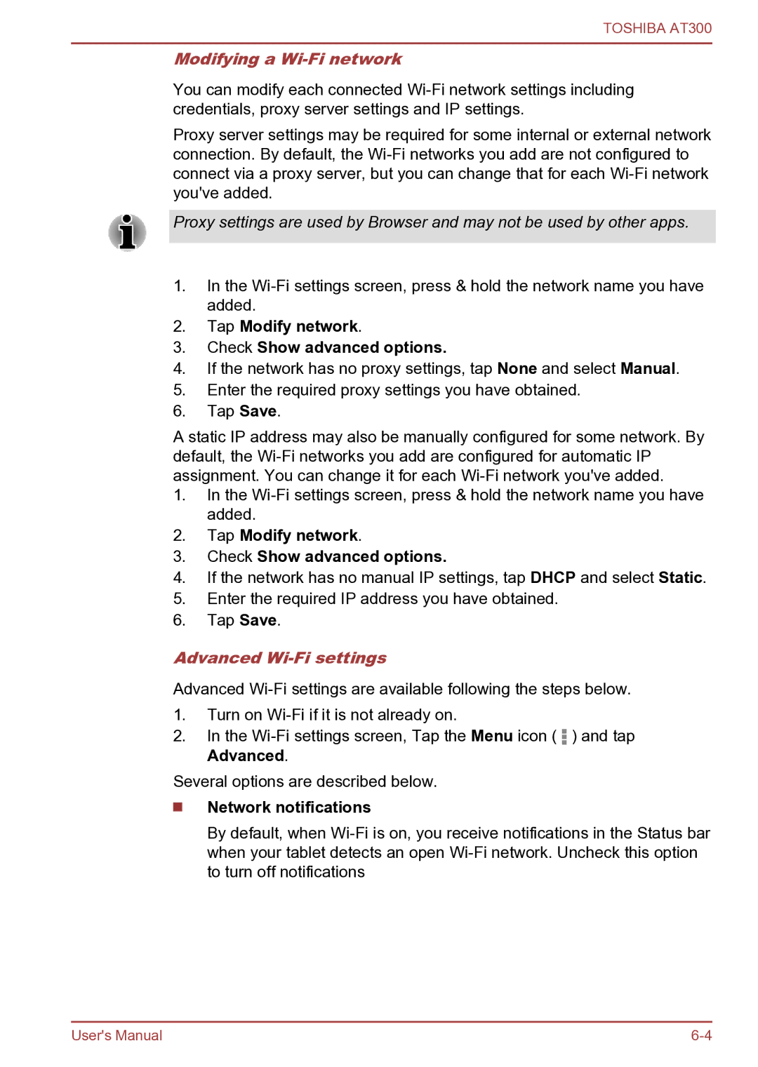 Toshiba AT300 Modifying a Wi-Fi network, Tap Modify network Check Show advanced options, Advanced Wi-Fi settings 