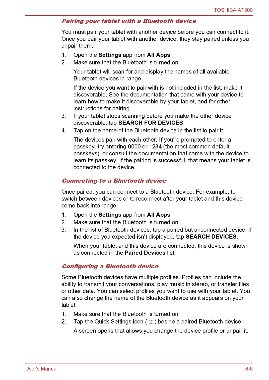 Toshiba AT300 user manual Pairing your tablet with a Bluetooth device, Connecting to a Bluetooth device 