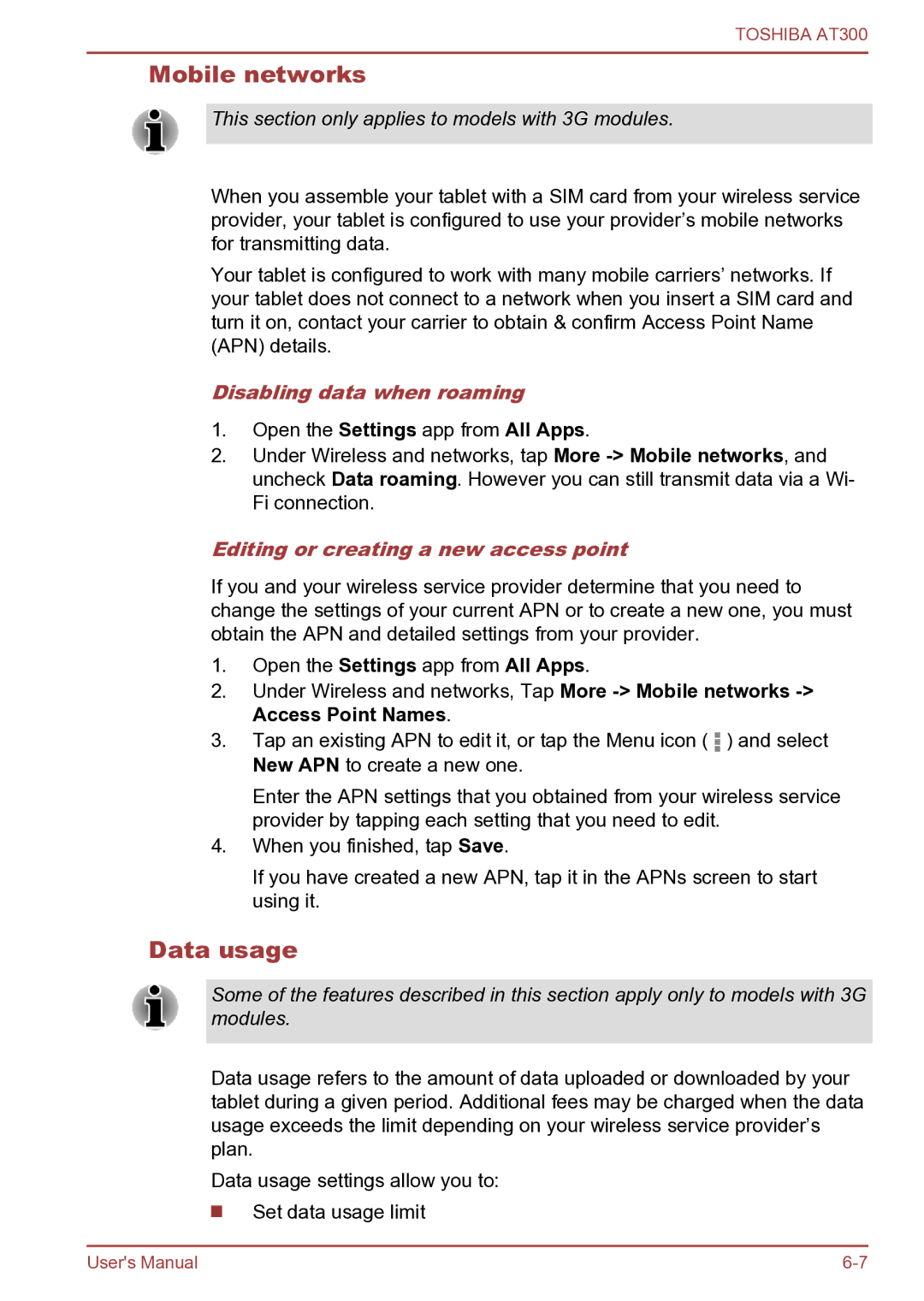 Toshiba AT300 user manual Mobile networks, Data usage, Disabling data when roaming, Editing or creating a new access point 