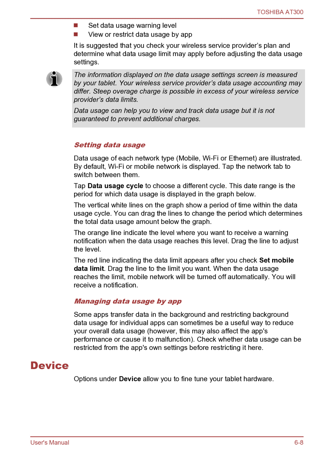 Toshiba AT300 user manual Device, Setting data usage, Managing data usage by app 