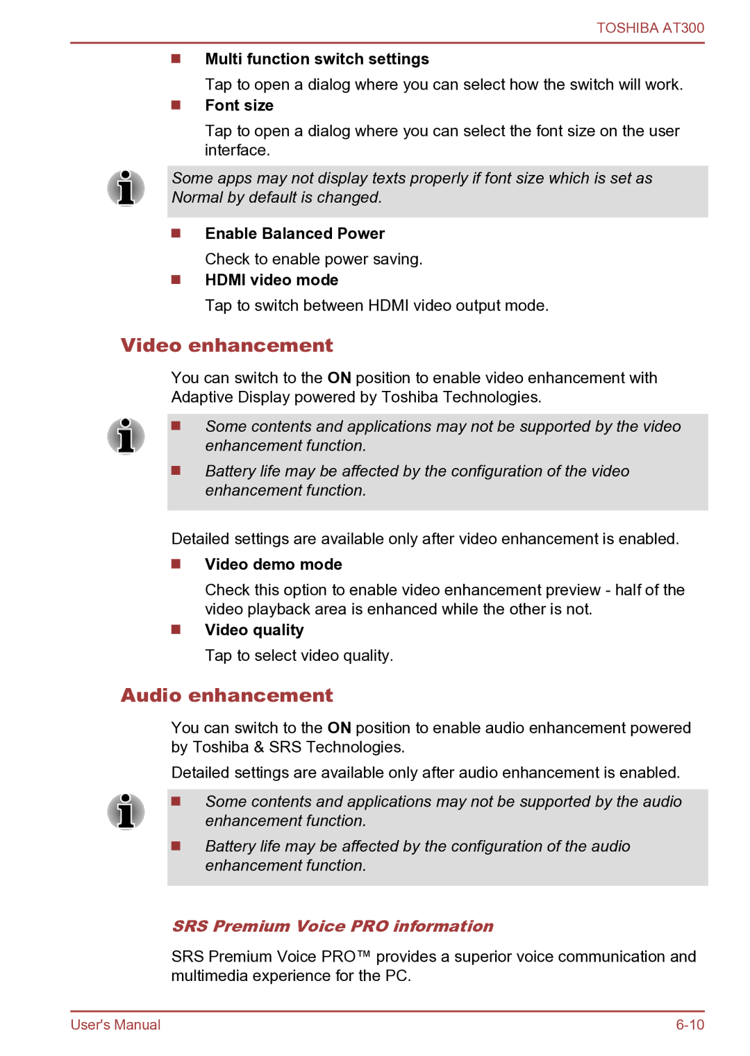 Toshiba AT300 user manual Video enhancement, Audio enhancement, SRS Premium Voice PRO information 